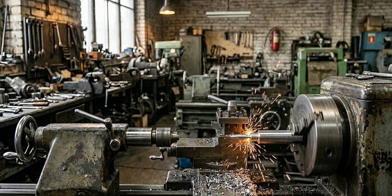 تراشکاری دستی قطعات فلزی در کارگاه تراشکاری