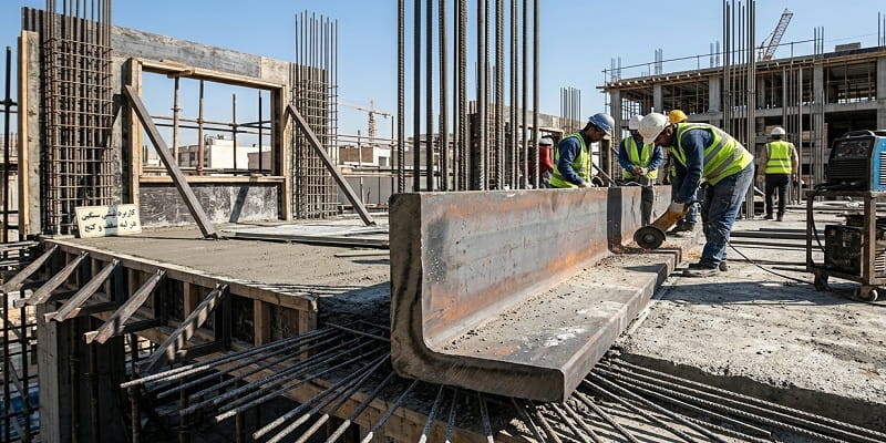 استفاده از نبشی  در اسکلت بتنی ساختمان در حال ساخت و حضور کارگران در محل پروژه