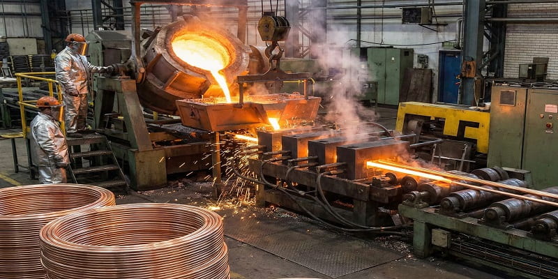 در این تصویر، فرِآیند تولید میلگرد فسفر برنز در کارخانه فولادی را مشاهده می کنید.