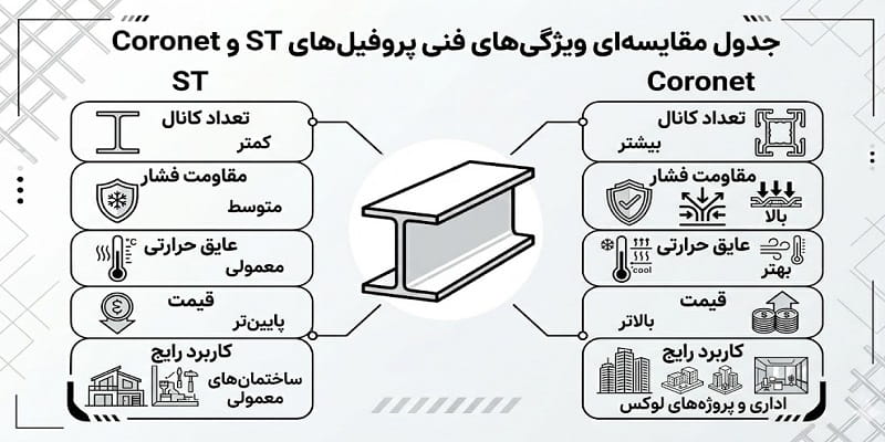 جدول مقاسیه ای ویژگی های فنی پروفیل های اس تی و کرونت