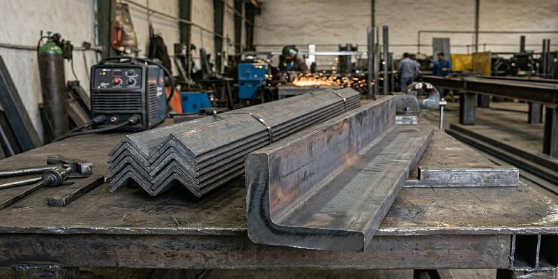 شاخه‌های نبشی فولادی سنگین در محیط کارخانه تولید مقاطع فولادی