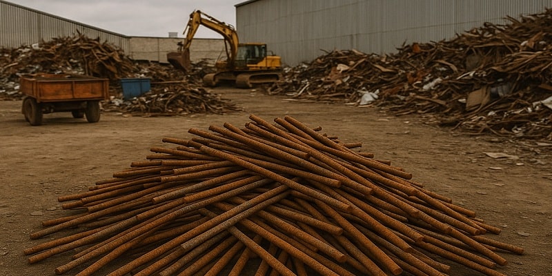 پرت میلگردهای زنگ‌زده انباشته در انبار ضایعات فلزی