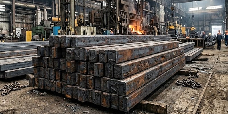 انبار شمش‌های فولادی بلوم با مقطع مربعی در کارگاه صنعتی