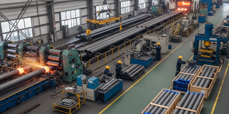 نمایی از فرِآیند تولید لوله آتشخوار در کارخانه فولادی