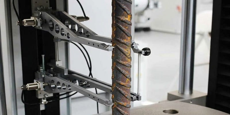 تست کشش میلگرد آجدار با دستگاه اکستنسومتر در آزمایشگاه کنترل کیفیت