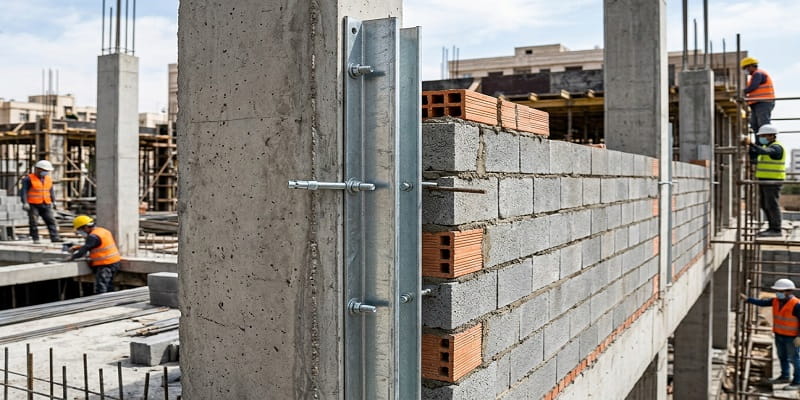 نمایی نزدیک از وال پست ناودانی  در اسکلت بتنی ساختمان