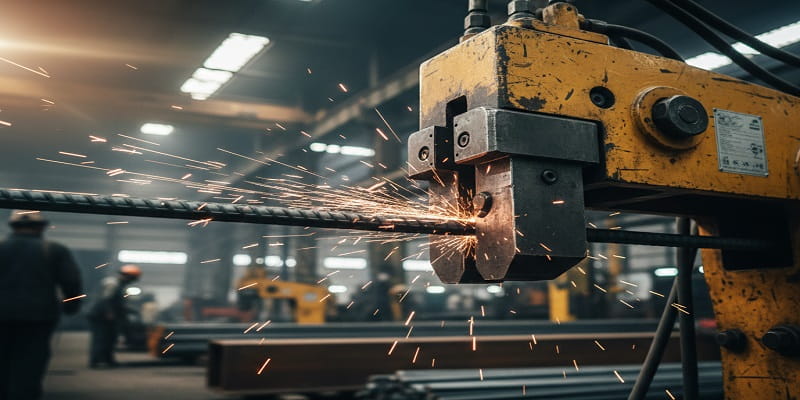 برش میلگرد با استفاده از قیچی میلگردبر در کارخانه فولادی