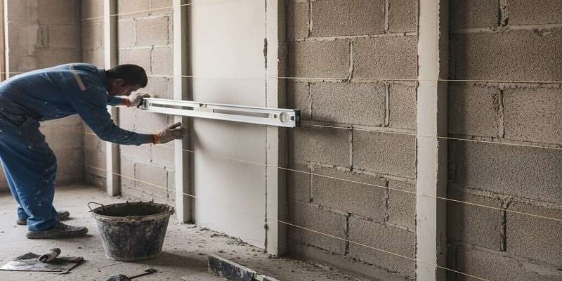 شاقولگیری و تراز کردن دیوار با استفاده از شمشه و ریسمانکشی در عملیات کرومبندی دیوار