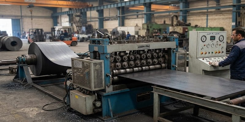 اپراتور در حال کار با دستگاه تسطیح و برش ورق سیاه فولادی در کارخانه صنعتی