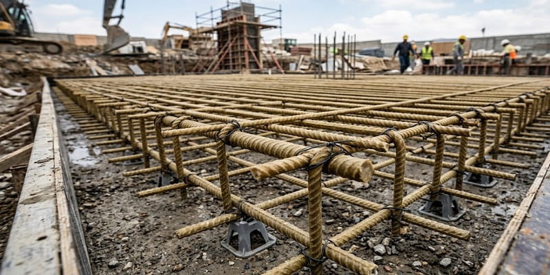 اجرای شبکه آرماتوربندی با میلگرد FRP در فونداسیون پروژه ساختمانی